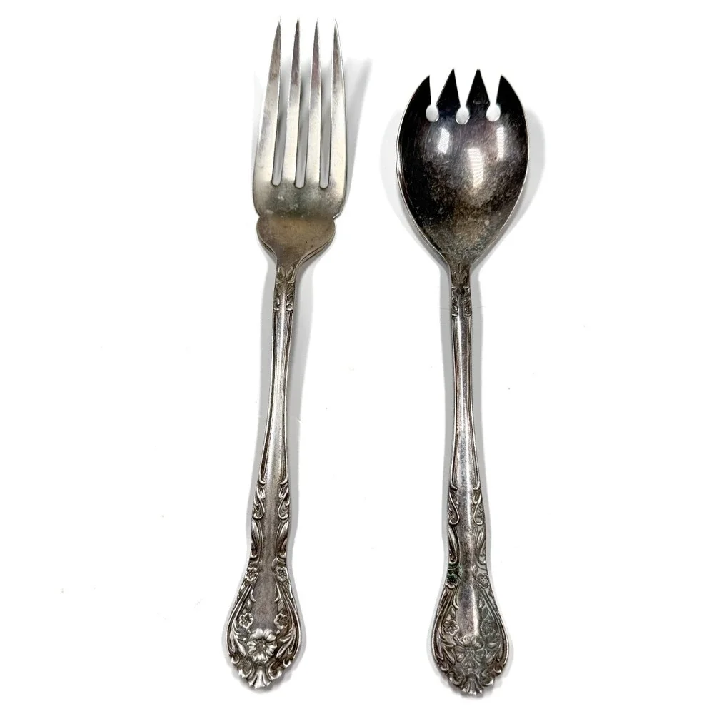 Floral Salad‎ Serving Fork & Spoon Set - Vintage 1920s-40s Nickel Silver Ornate